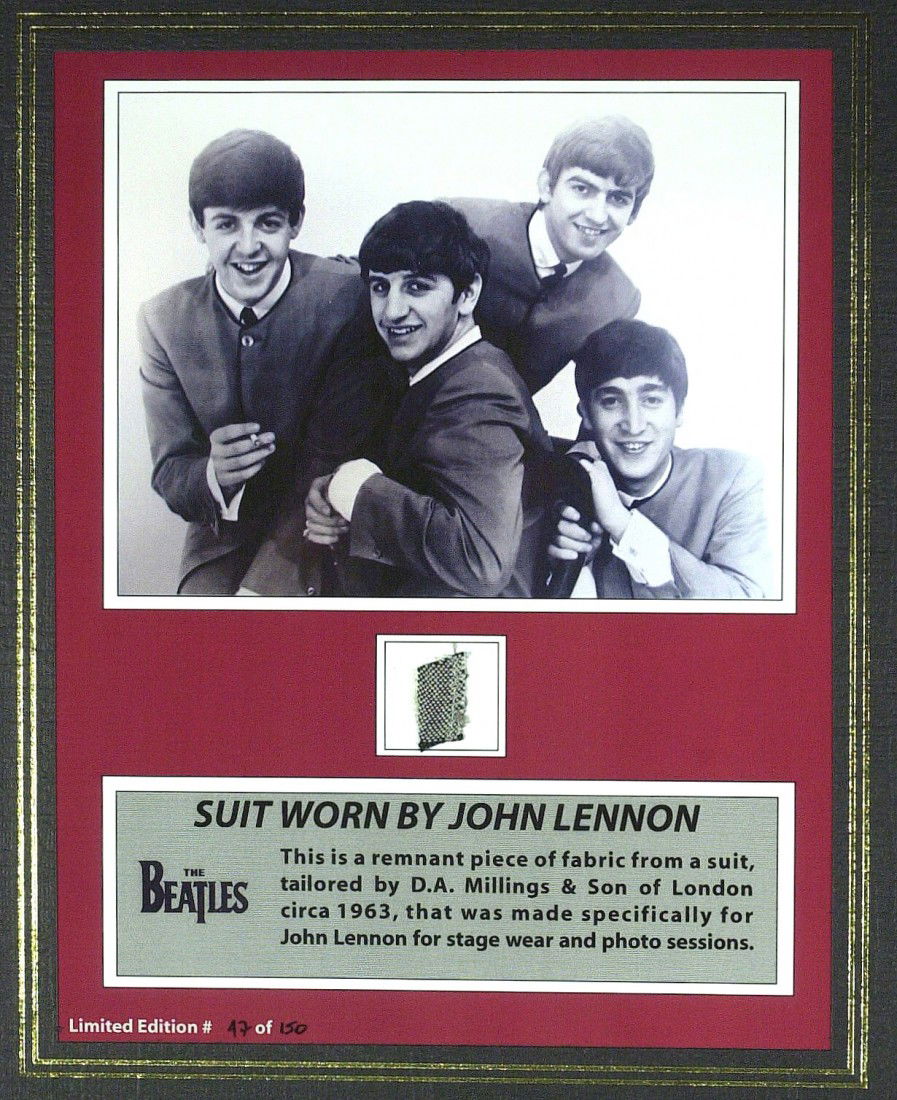 THE BEATLES - Four Fabric Remnants From Suits: (The Beatles). Four ½" x ½" grey fabric remnants from suits tailored by D. A. Millings & Son of London for John Lennon, George Harrison, Paul McCartney and Ringo Starr for wear on stage and photo se