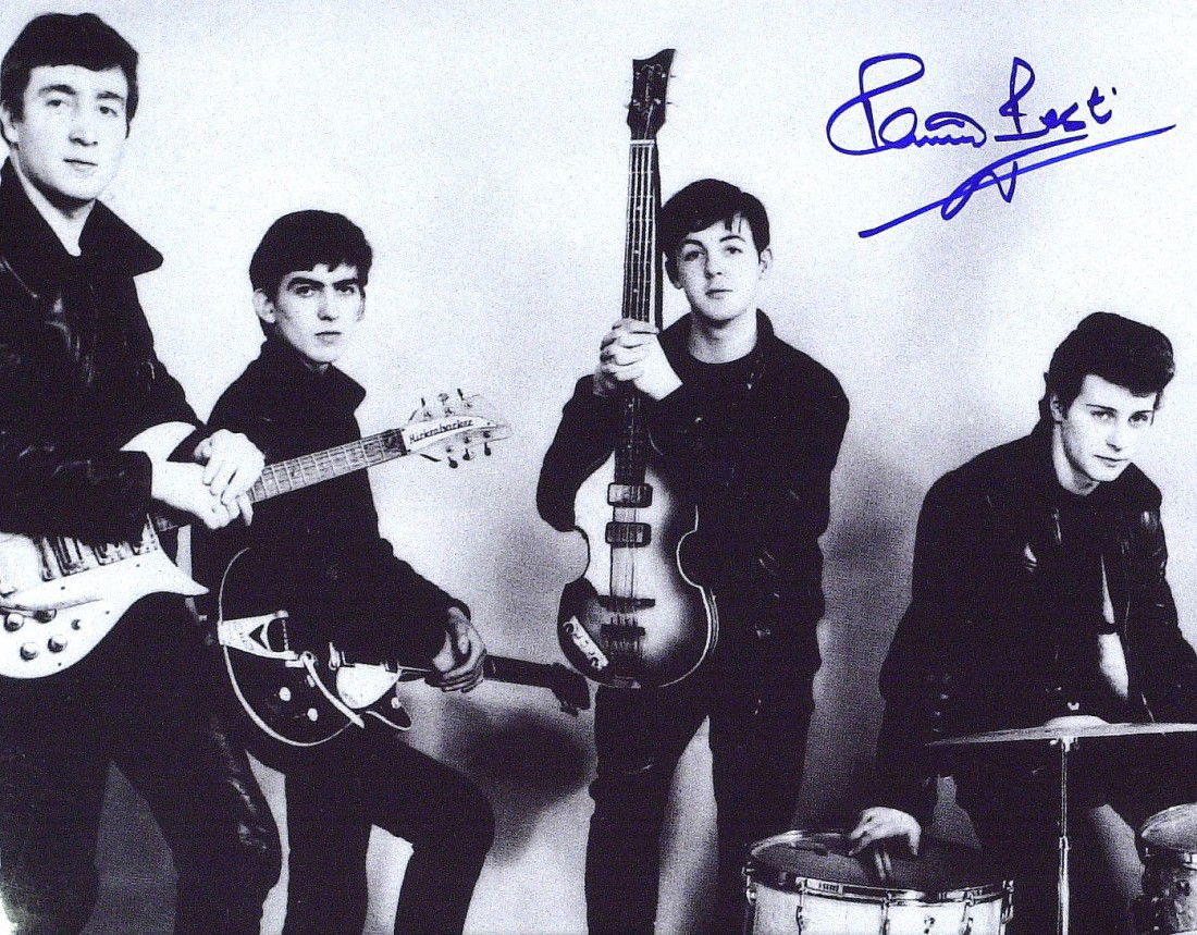 PETE BEST - Oversized Photo With Beatles Signed: Pete Best. 14" x 11" black and white photograph of the original Beatles with Best on drums, signed.