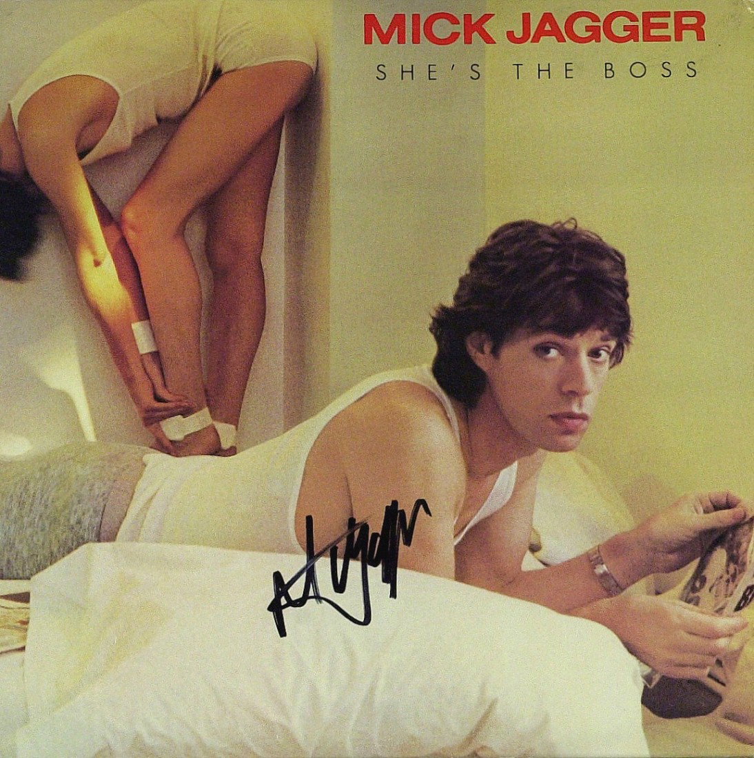 MICK JAGGER - Record Album Signed: Mick Jagger (1943- ) British singer. Jagger has been the lead singer and (along with guitarist Keith Richards) main songwriter for the consistently popular and influential rock band The Rolling Stones
