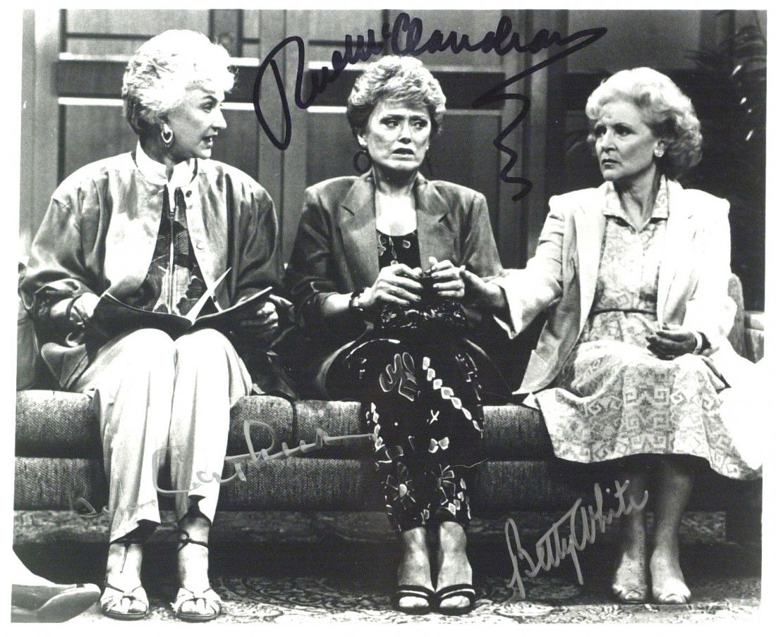 THE GOLDEN GIRLS - Cast Photo Signed By Three: The Golden Girls. 10" x 8" black and white photograph signed by: Bea Arthur, Rue McClanahan and Betty White.
