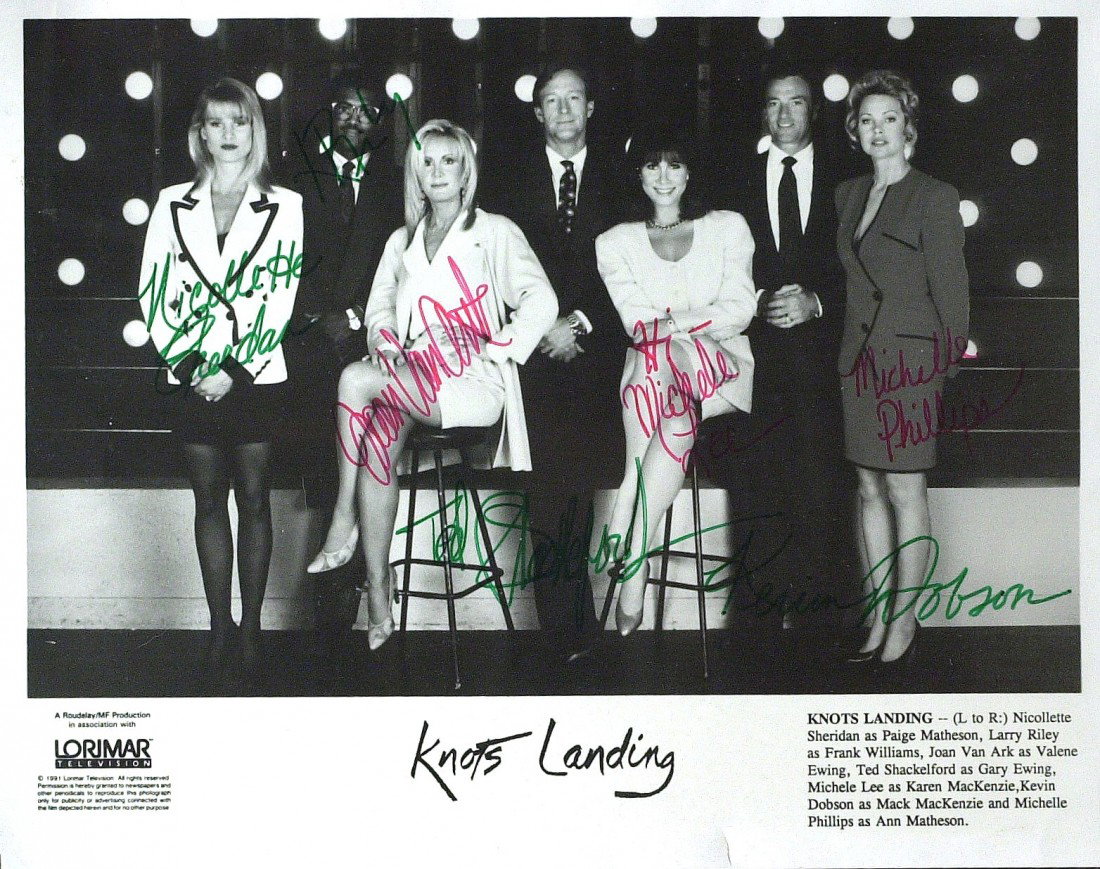 KNOTS LANDING 1991 - Cast Signed Photo: Knots Landing 1991. 10" x 8" promotional cast photograph from the 1991 cast signed by: Nicollette Sheridan, Larry Riley, Joan Van Ark, Ted Shackelford (1946- ), Michele Lee, Kevin Dobson and Michelle 