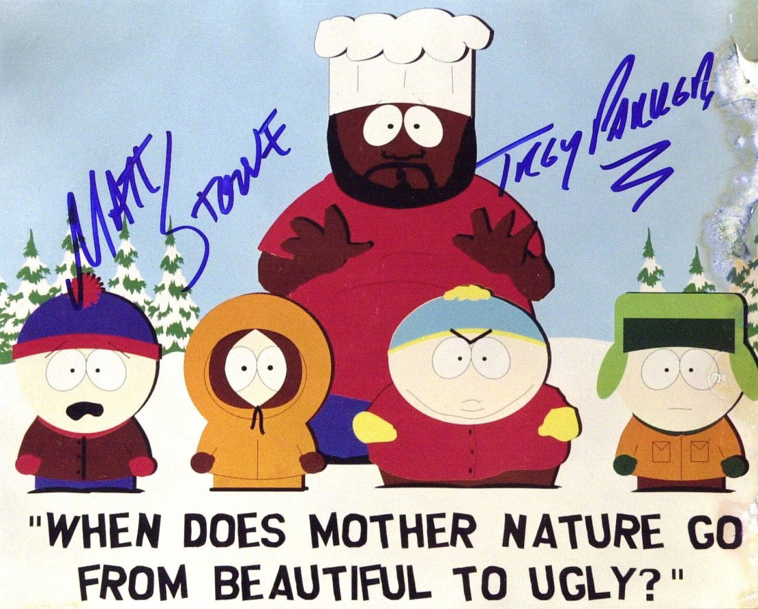 SOUTH PARK - Photo Signed By Stone and Parker: South Park. South Park is an animated situation comedy created by Trey Parker (1969- ) and Matt Stone (1971- ) for the Comedy Central television network. Intended for mature audiences, the show has be