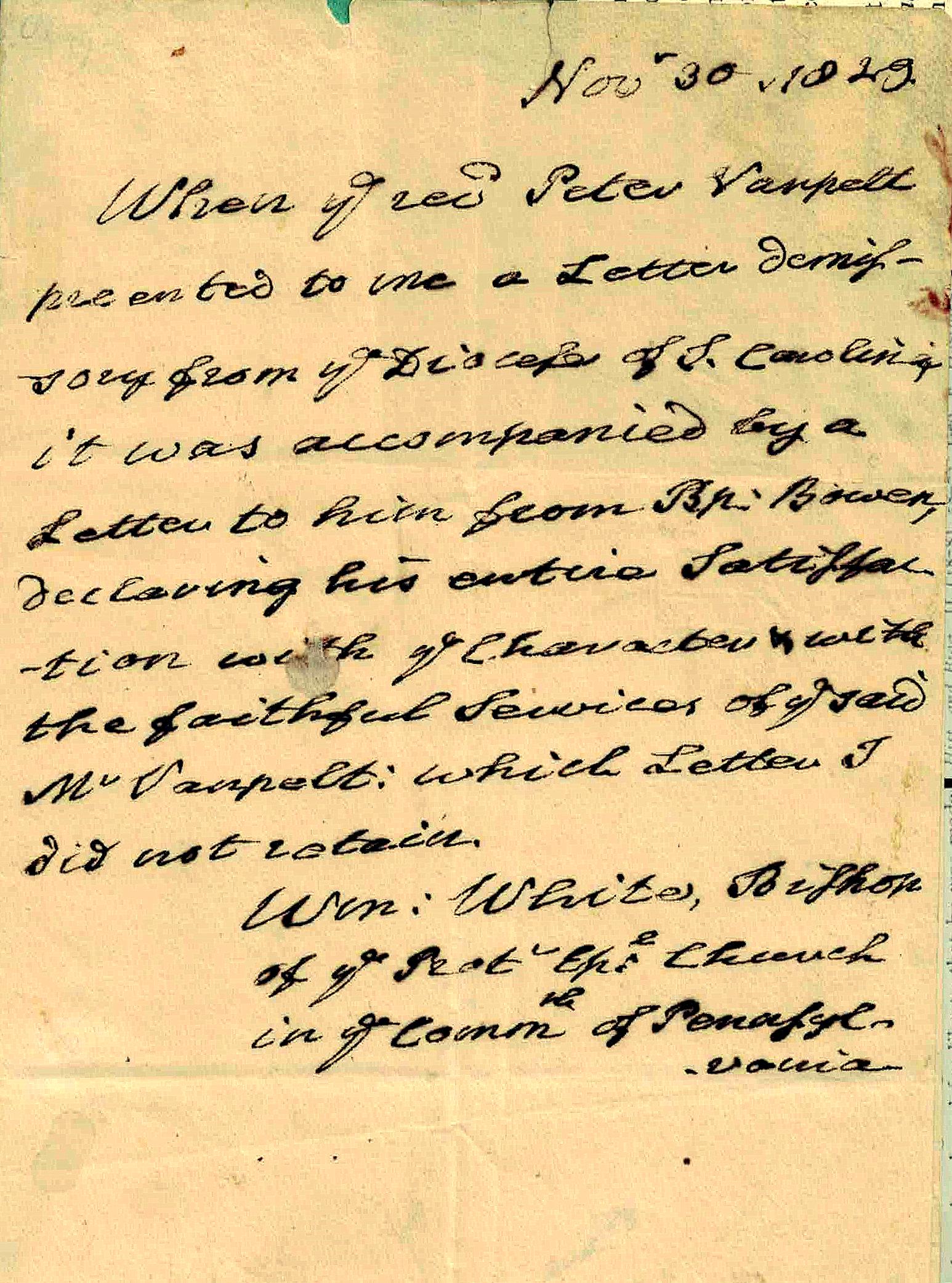 1st Bishop of Philadelphia WILLIAM WHITE - ALS: William White (1747-1836) Clergyman. White was the first Protestant Episcopal bishop of Philadelphia. was consecrated as the bishop for the Pennsylvania diocese in 1786, and he served as the Protestan