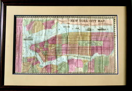 Antique NEW YORK CITY MAP - Framed: Antique New York City Map. 28” x 16” New York City map, circa 1860, hand-colored, double matted and framed to 38 ½” x 26”.