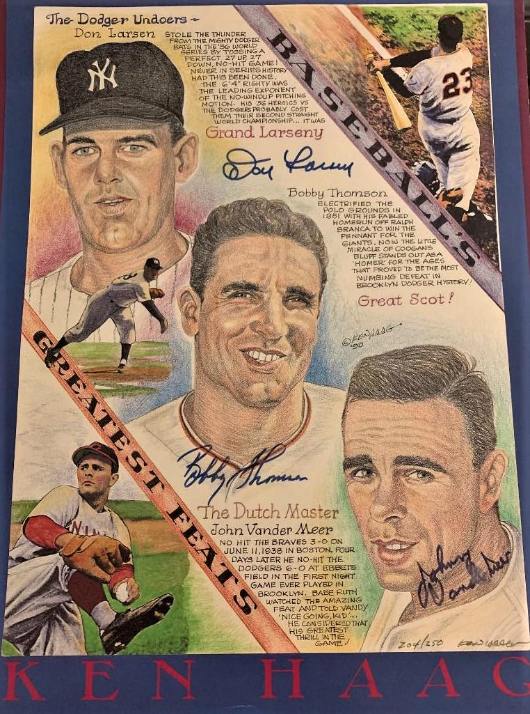 Dodger Undoers Signed Card: â€˜Dodger Undoersâ€™ Signed Print. 11" x 14" print signed by Dodger foes: Don Larsen (perfect game against Dodgers in 1956), Bobby Thomson (Shot Heard Round the World in 1951) and John Vander