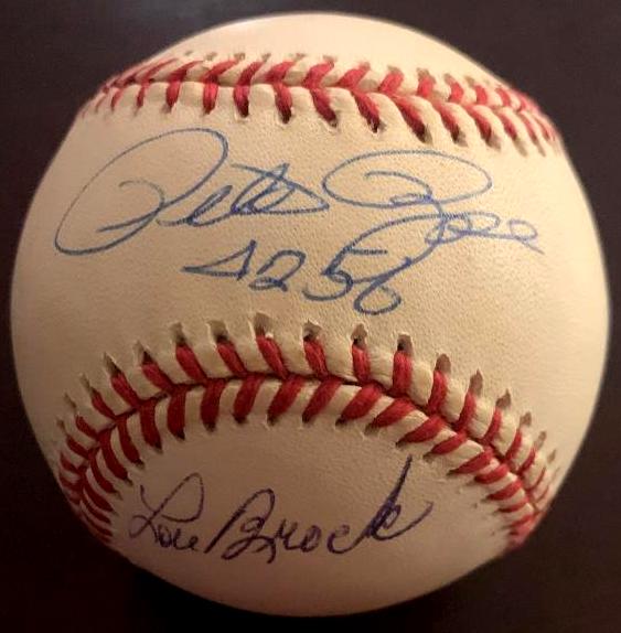 Rose,Pete and Brock Lou Signed Baseball: Official ML (Selig) ball signed by Peter Edward Rose (1941-) and Lou Brock (1939-2020). Ball and signatures are in good condition.