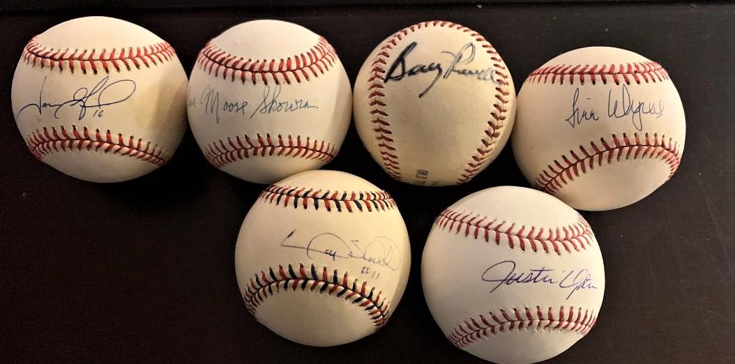 Six Sluggers Signed Baseballs: Group of Six baseballs signed by Major League sluggers: Justin Upton signed OML (Selig) ball with MLB authenticity sticker, Jason Giambi signed A.L. (Budig) ball , Boog Powell signed Non Official base