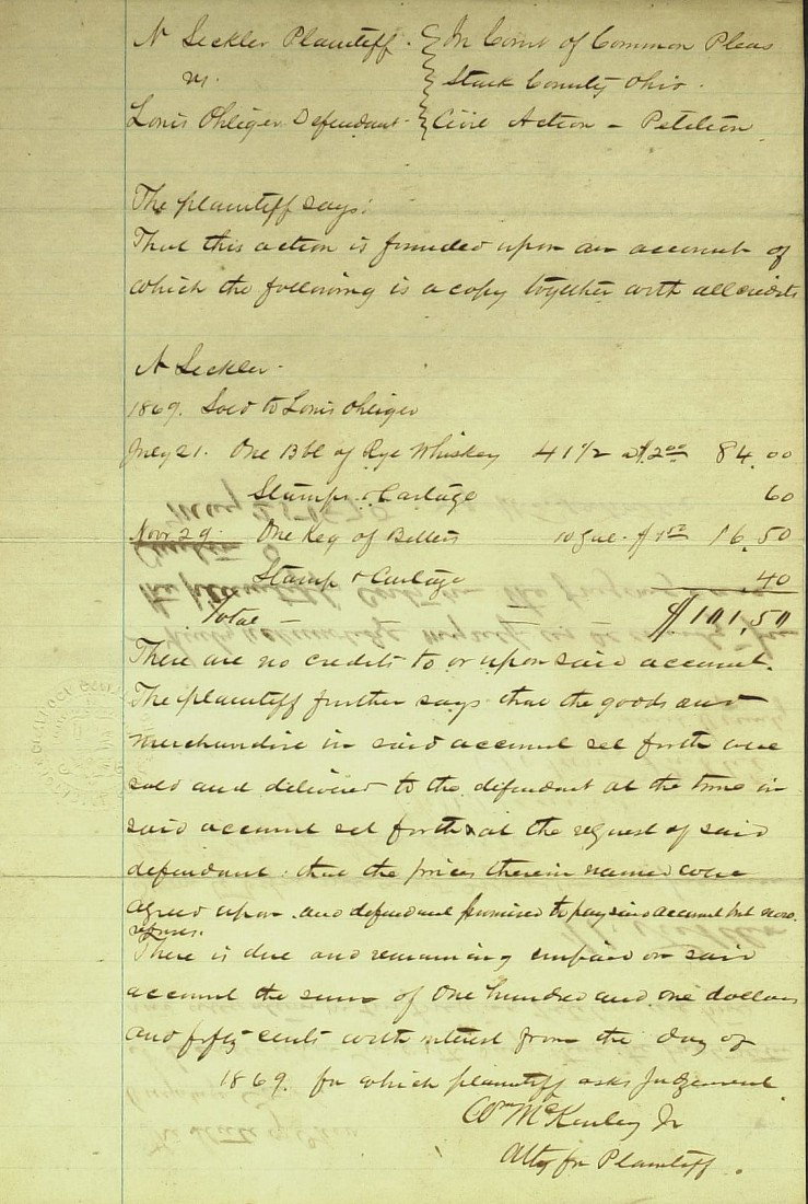 WILLIAM McKINLEY - Autograph Doc Signed: William McKinley. 7 ¾" x 11 ½" autograph legal document signed, "Wm McKinley Jr. Atty for Plaintiff," "In Court of Common Pleas Stark County – Ohio," April 30, 1870. "…The plaintiff further says