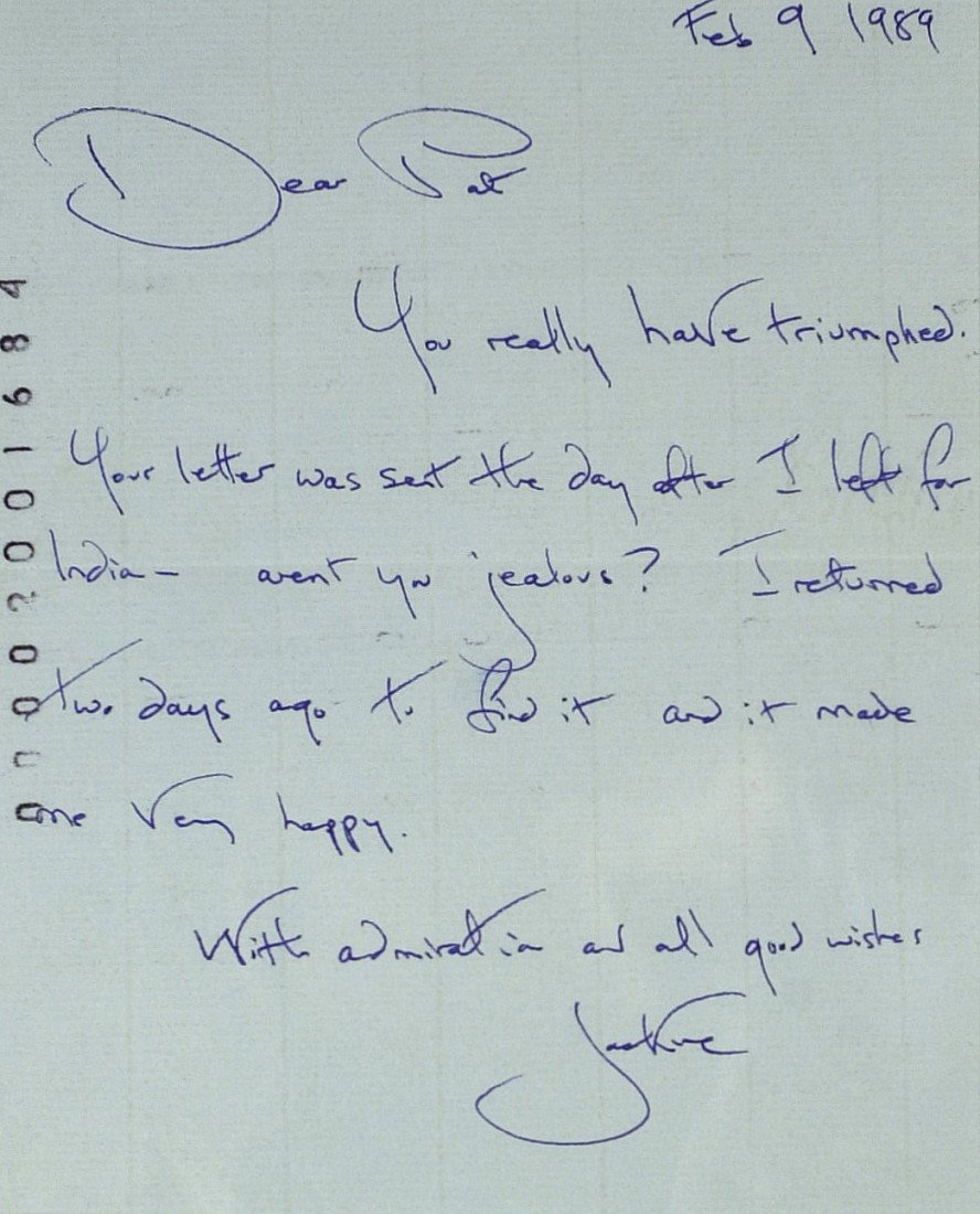 JACQUELINE KENNEDY - ALS to Sen Moynihan: Jacqueline Kennedy (1929-1994) First Lady. 6" x 7 ½" autograph letter signed, "With admiration and all good wishes Jackie," February 9, 1989, personal stationery, to "Dear Pat," (Senator Daniel Patri