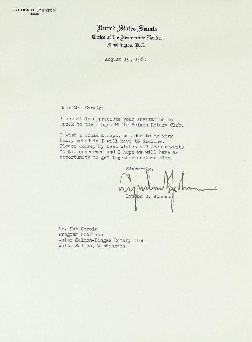 LYNDON B JOHNSON - TLS as Senator: Lyndon B. Johnson. 8" x 10 ½" typed letter signed, United States Senate, Office of the Democratic Leader, August 19, 1960, to Hub Strain. "…I certainly appreciate your invitation to speak to the Bi