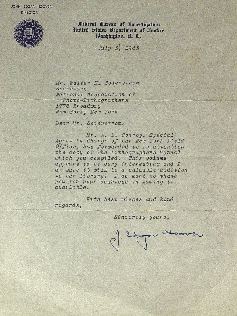 J EDGAR HOOVER - 1945 Typed Ltr Signed: J. Edgar Hoover. 7" x 9 ¼" typed letter signed, Federal Bureau of Investigation, July 5, 1945, to Walter E. Soderstrom. "…Mr. E. E. Conroy, Special Agent in charge of our New York Field Office, has
