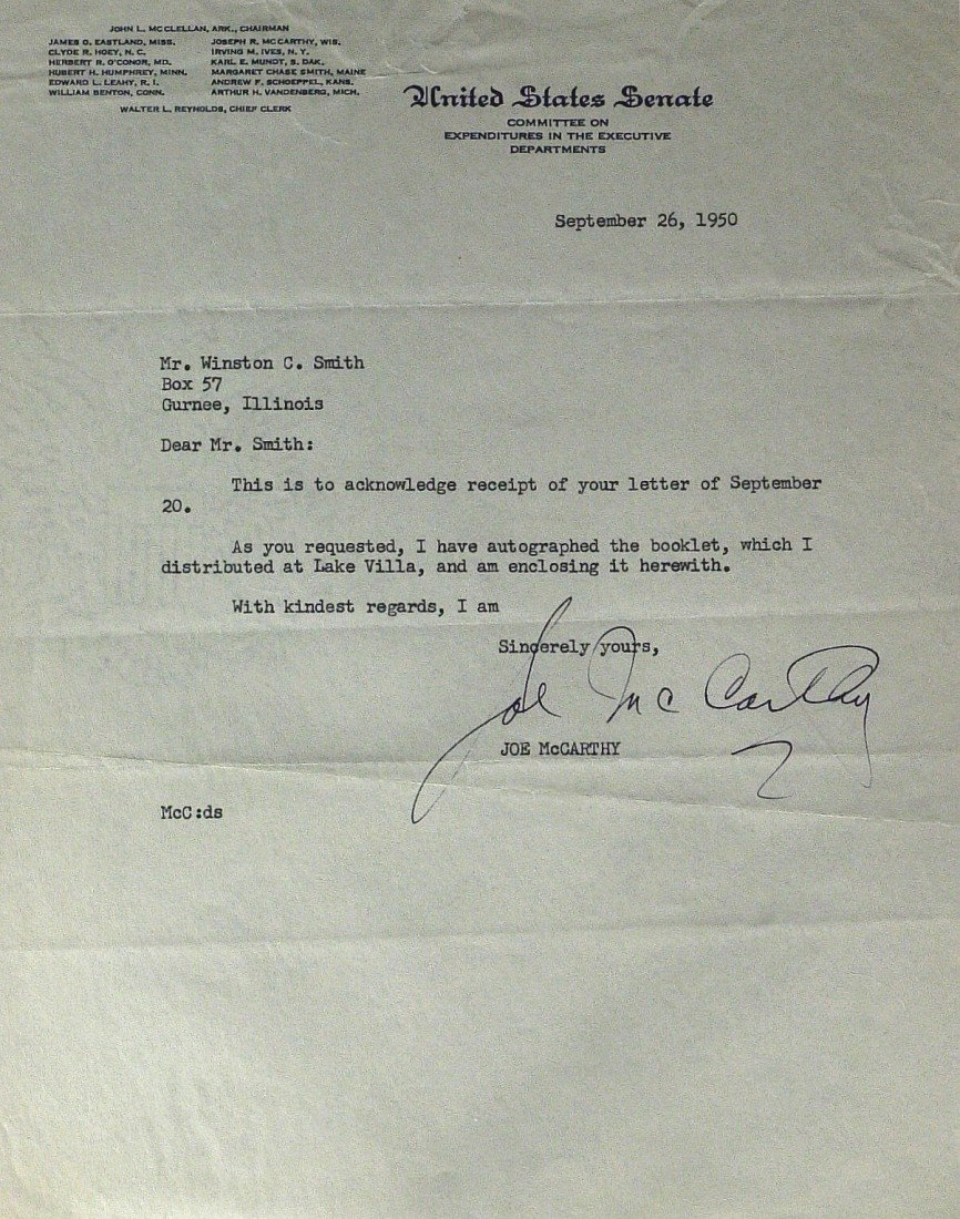 Anti-Communist JOE McCARTHY - TLS: Joseph R. McCarthy. 8" x 10 ½" typed letter signed, United States senate, September 26, 1950, to Winston C. Smith. "…I have autographed the booklet, which I distributed at Lake Villa….