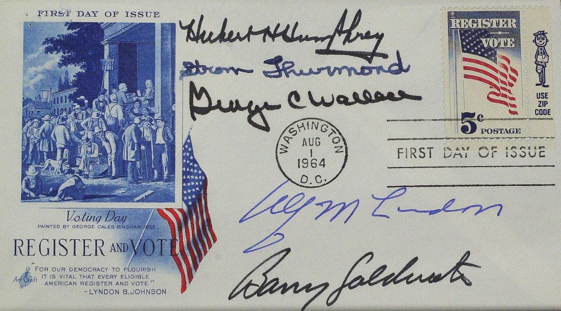 Presidential Candidates - Postal Cvr Signed by Fiv: Politicians. First day of issue postal cover with the Register to Vote commemorative and cachet signed by Barry Goldwater, Hubert H. Humphrey, Alf Landon (1887-1987), Strom Thurmond (1902-2003) and Ge