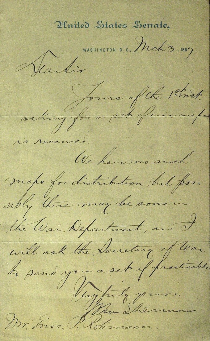 Senator JOHN SHERMAN - Ltr Signed: John Sherman (1823-1900) Politician. Sherman was a United States Representative and Senator from Ohio during the Civil War and into the late nineteenth century. He served as both Secretary of the Trea