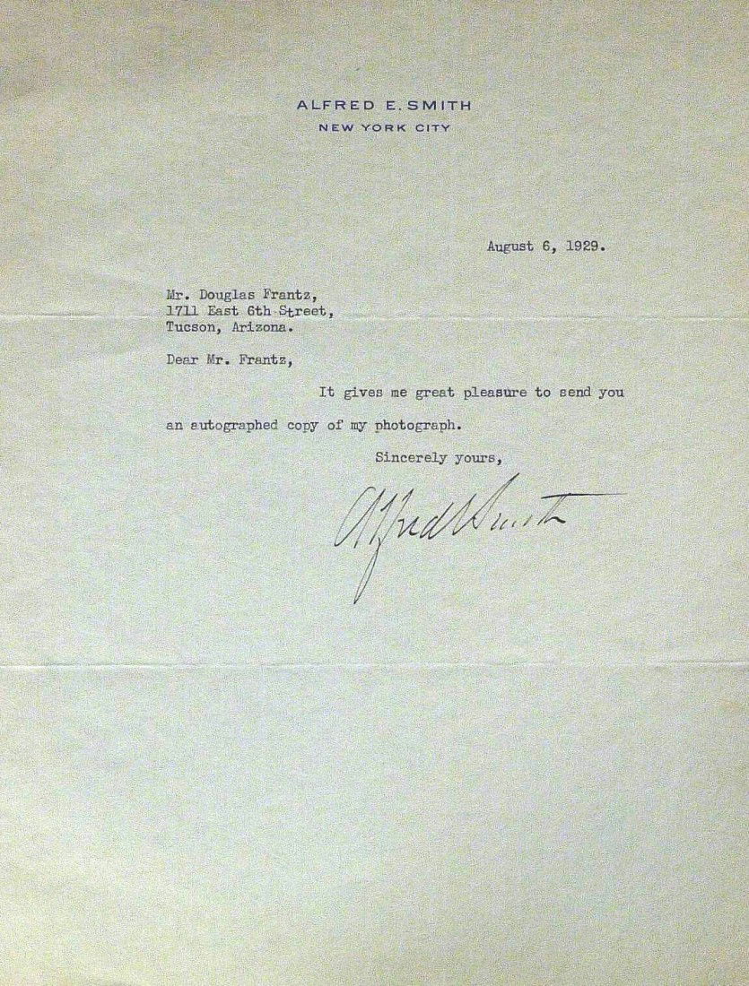 NY Governor AL SMITH - Typed Ltr Signed: Alfred E. Smith (1873-1944) Politician. Smith was elected governor of New York four times. He worked for improved housing, child welfare, and efficient government. In 1928 he won the presidential nomi