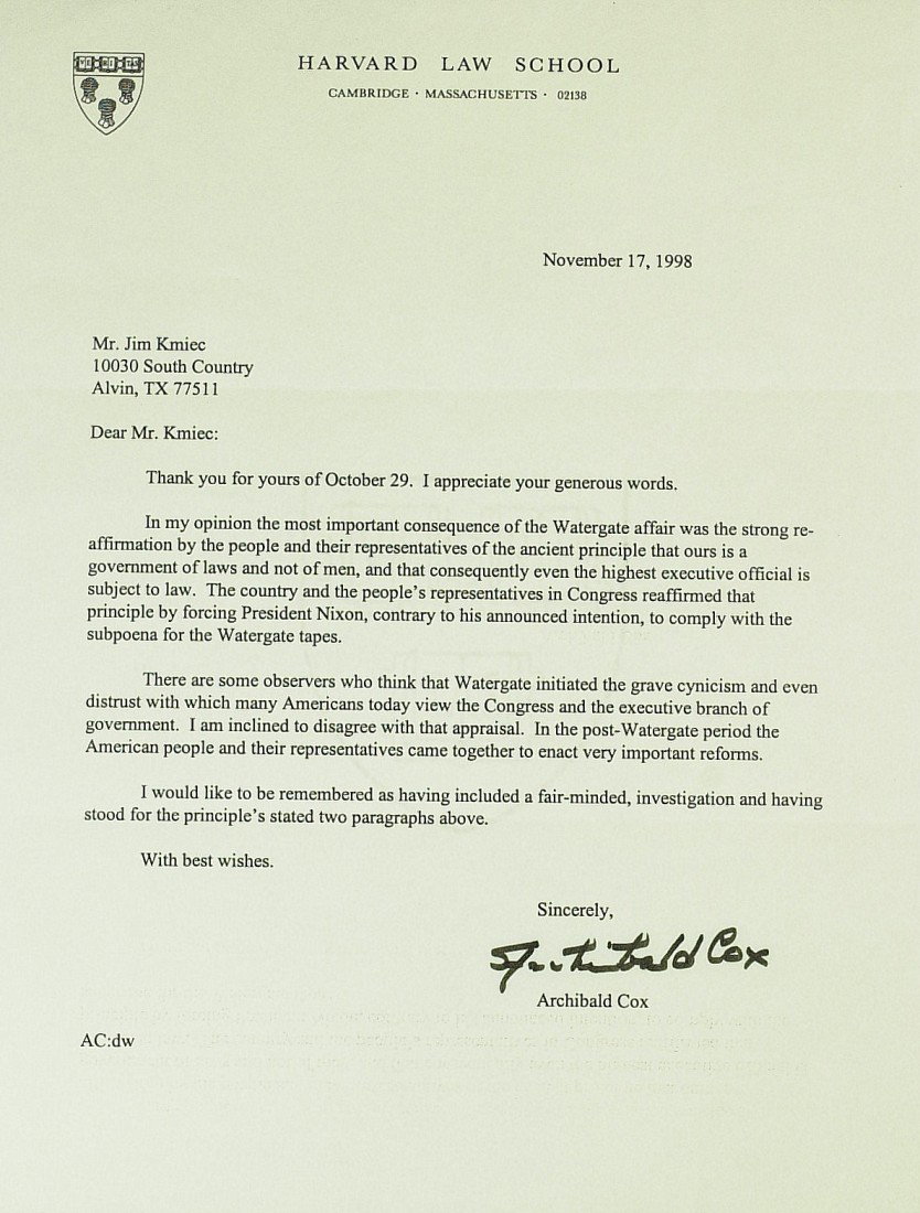 Watergate: ARCHIBALD COX - Two Signed Items: Watergate: Archibald Cox (1912-2004) Lawyer. Cox was appointed special prosecutor to investigate the Watergate political scandal in 1973. Five months later he was fired in the "Saturday Night Massacre