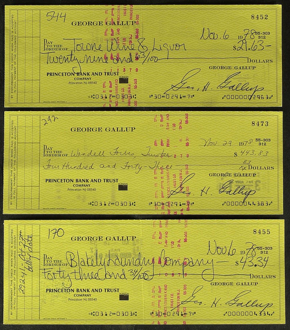 Pollister GEORGE GALLUP - Three Checks: George H. Gallup (1901-1984) Public-opinion statistician. Gallup became a pioneer in the scientific sampling of public opinion, and his Gallup Poll, as well as other public-opinion polls, gained credi