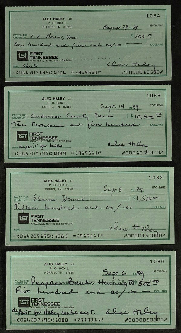 Roots Author ALEX HALEY - 4 Checks Written & Signe: Alex Haley (1921-1992) Author. Haley's most famous work is Roots, a publishing phenomenon and international bestseller. In this work, Haley traced his ancestry back to Africa and covered seven America