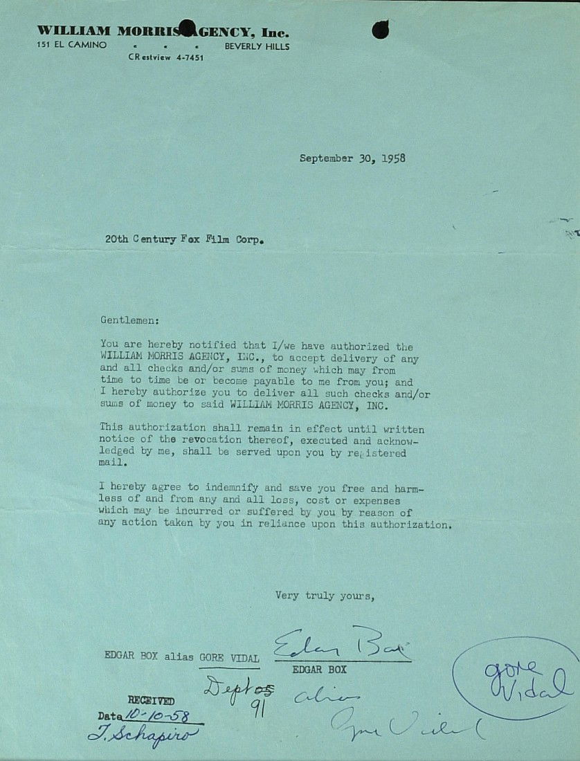 Author GORE VIDAL - Legal Document Signed: Gore Vidal (1925- ) Author, playwright. Vidal wrote stage plays and television and film screenplays, he is best known for his irreverent and intellectually adroit novels. The City and the Pillar becam