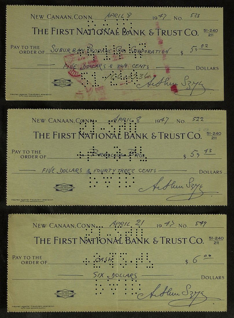 Polish Artist ARTHUR SZYK - Three Checks Signed: Arthur Szyk (1894-1951) Polish graphic artist. Szyk gained real popularity through his war caricatures, in which, after the outbreak of World War II, he depicted the leaders of the Axis powers, mainly