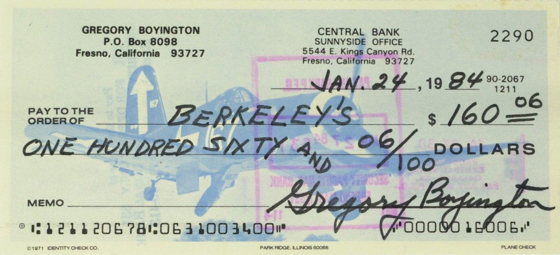 CMO Winner PAPPY BOYINGTON - Check Signed: Pappy Boyington (1912-1988) Pilot. Boyington won the Congressional Medal of Honor in World War II, when as a Marine pilot he was credited with downing twenty-eight Japanese aircraft. For three months