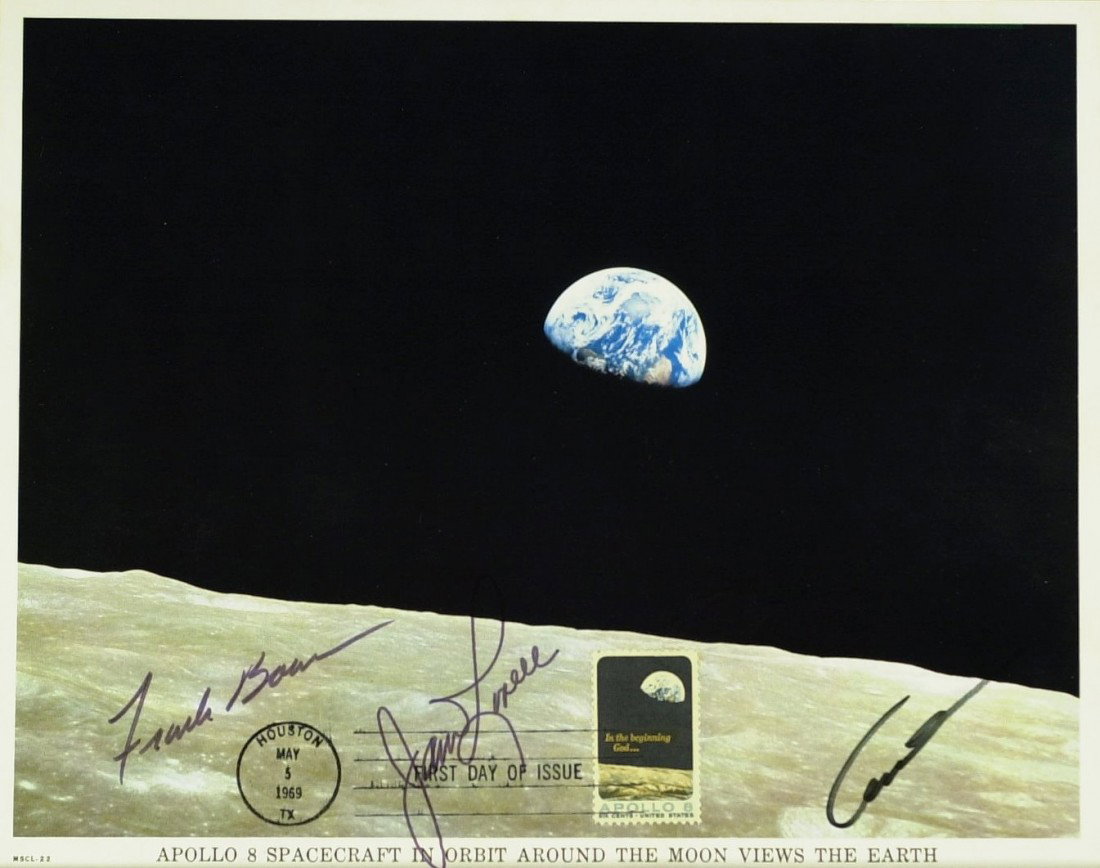 APOLLO 8 - Earth Rise Photo, Crew Signed: Apollo 8. Apollo 8, which launched in 1968, was the second manned mission in the Apollo space program and was the first human spaceflight to leave Earth orbit. The three-man crew of mission Commander 