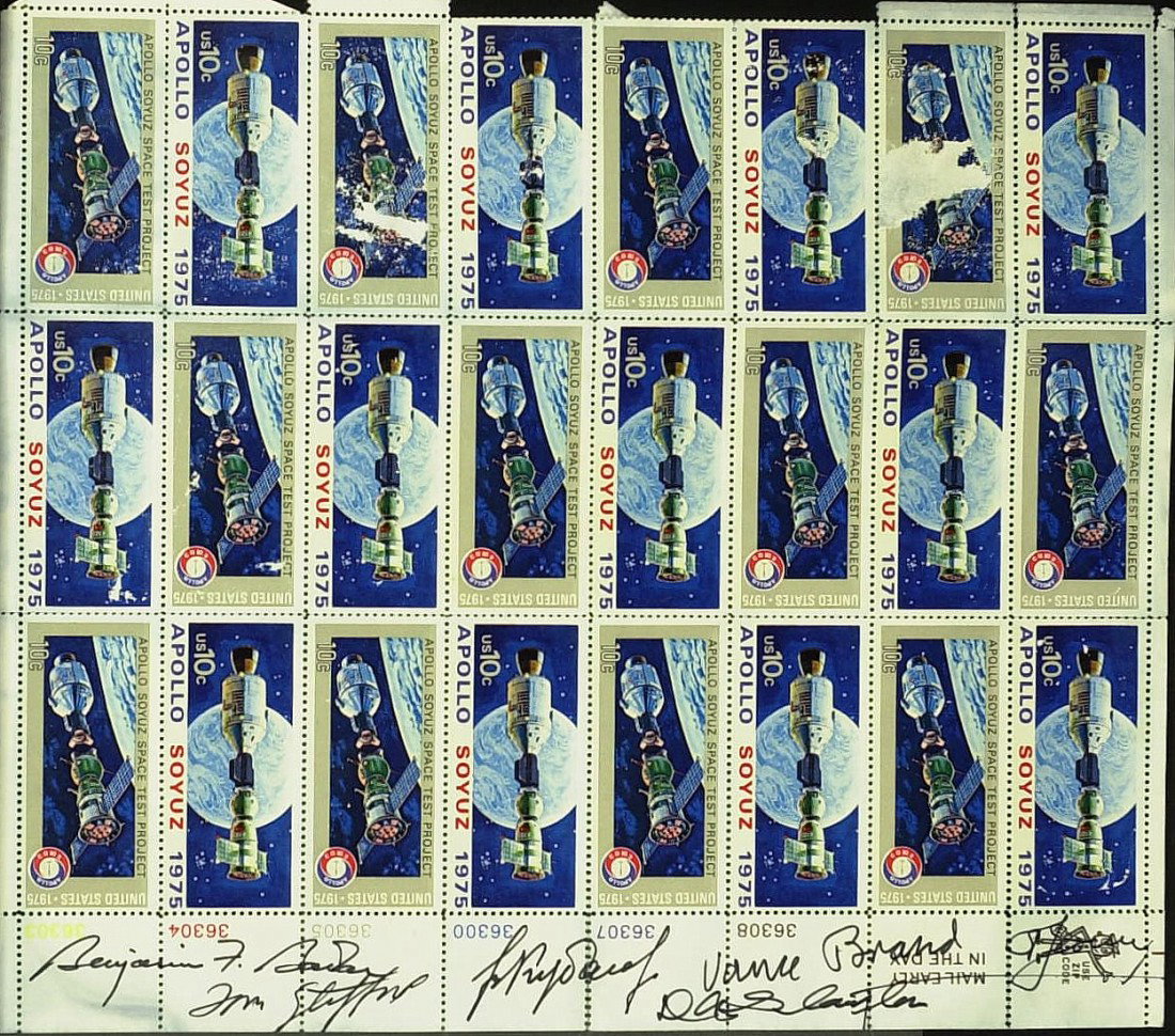 APOLLO-SOYUZ - Sheet of Stamps Crew Signed: Apollo – Soyuz. The Apollo–Soyuz Test Project in July 1975, was the first joint American.–Soviet space flight, and the last Apollo mission. Its primary purpose was as a symbol of the policy of d
