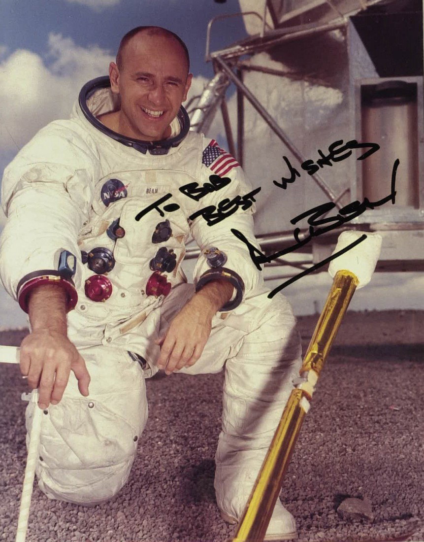 Moonwalker ALAN BEAN - NASA Litho Signed: Alan Bean (1932- ) Astronaut. Bean was the lunar module pilot on Apollo 12, the second lunar landing. In November 1969, Al Bean and Pete Conrad landed in the moon's Ocean of Storms, thus becoming the 