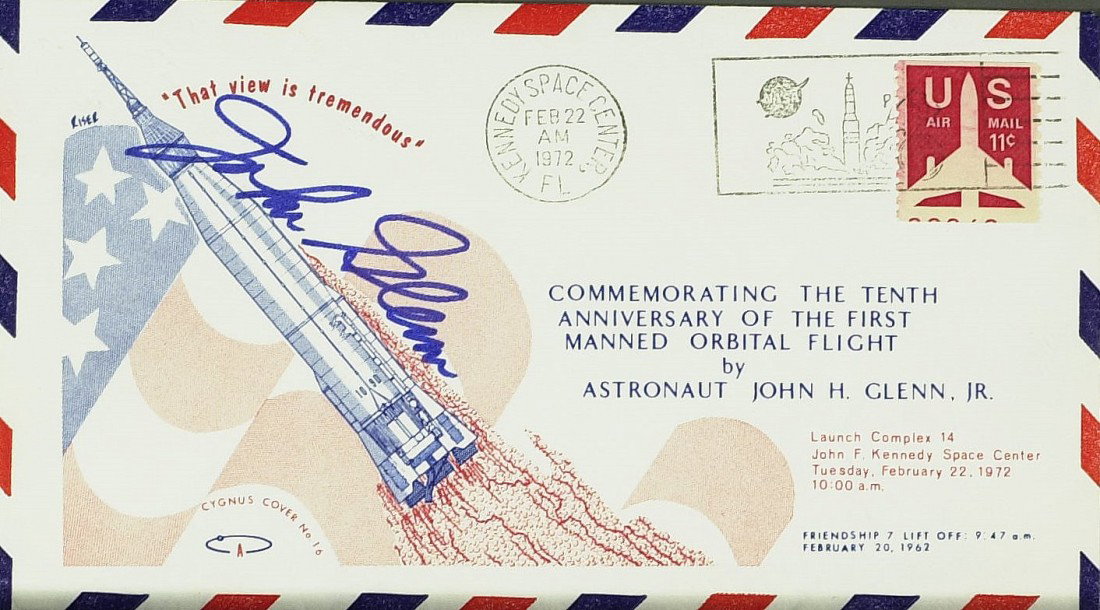 Mercury Astronaut JOHN GLENN - Special Cover Signe: John Glenn. Postal cover with a cachet "Commemorating the Tenth Anniversary of the First Orbital Flight by John H. Glenn, Jr.", cancelled February 22, 1972, signed.