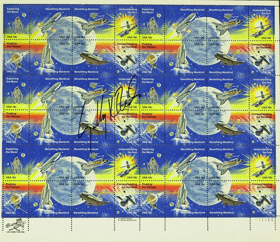 Astronaut SALLY RIDE - Sheet of Stamps Signed: Sally Ride (1951- ) Astronaut. Ride was the first American woman to fly in space, going aloft in the space shuttle Challenger in 1983 and again in 1984. She was scheduled to fly a third mission in 198