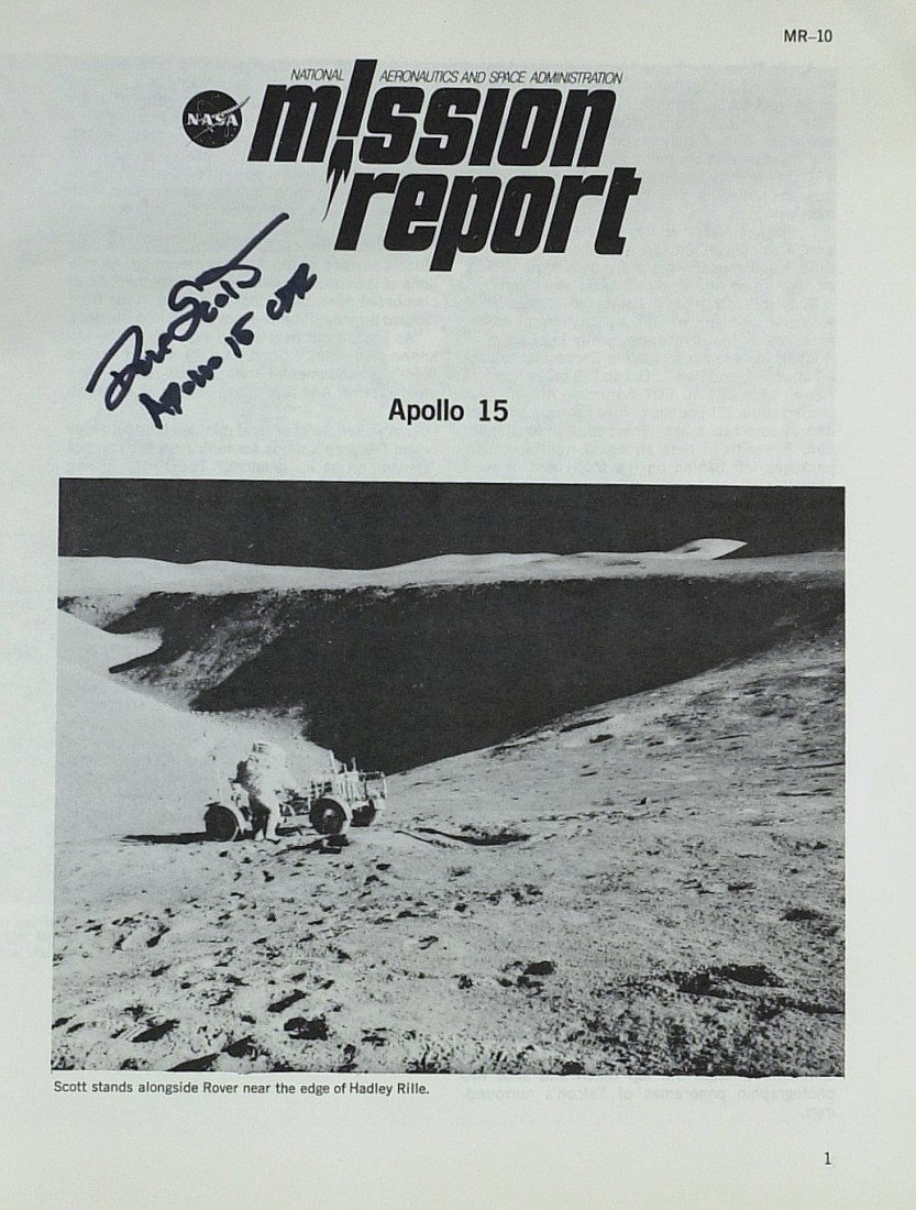 Moonwalker DAVE SCOTT - NASA Apollo 15 Booklet: Dave Scott. 8" x 10 ½", eight page, NASA booklet, Mission Report Apollo 15, signed on the cover "Dave Scott Apollo 15 CDR.".
