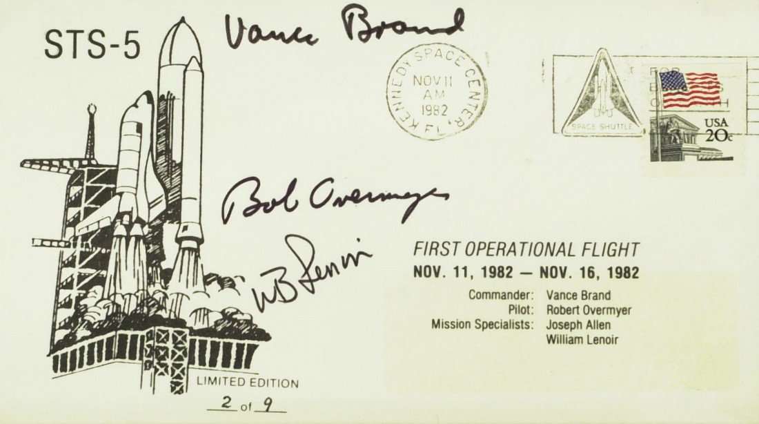 STS-5 Shuttle Columbia - Ltd Ed Postal Cvr, Crew S: STS-5. STS-5 was a Space Shuttle mission, the fifth shuttle mission overall and the fifth flight of the Space Shuttle Columbia. It was the first shuttle mission to deploy communications satellites int