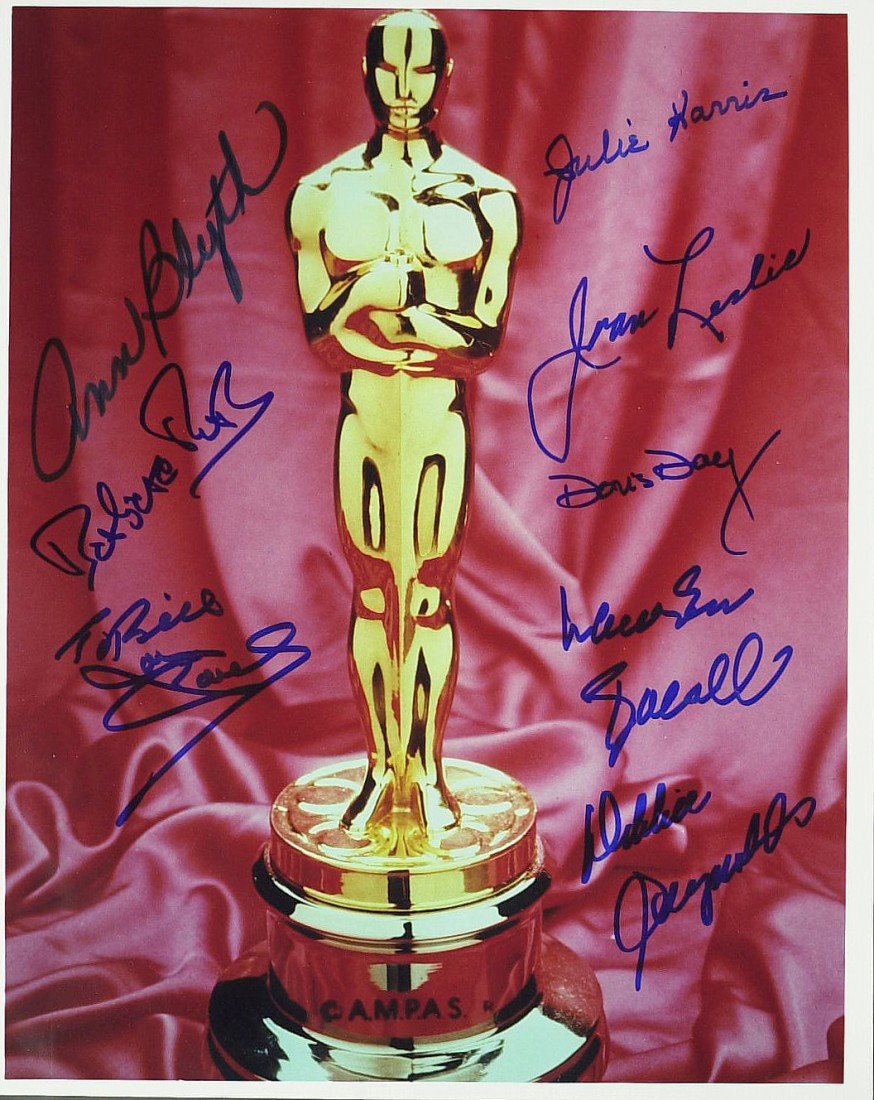 ACADEMY AWARD - Photo Signed By Eight Actresses: Academy Award. An 8" x 10" color photograph of "Oscar" signed by eight actresses: Lauren Bacall, Ann Blyth, Doris Day, Julie Harris, Joan Leslie, Jane Powell "To Bill Jane Powell", Debbie Reynolds and