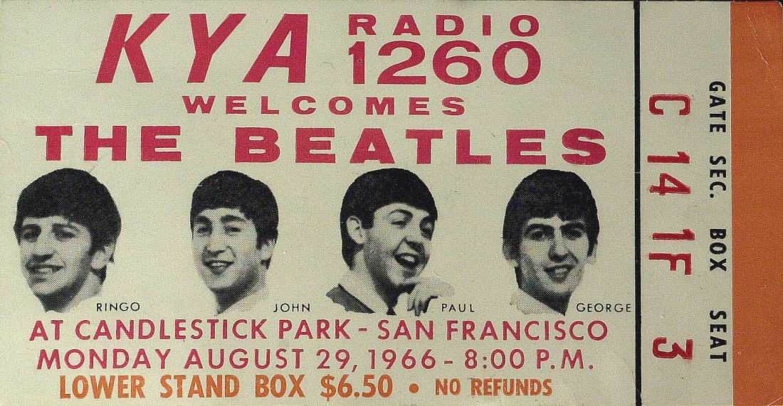 THE BEATLES- Ticket From Last Live Performance: The Beatles. 5" x 2 ½" ticket from their performance at Candlestick Park, San Francisco, August 29, 1966. The Beatles performed before a paying audience for the last time. It was seen by 25,000 fans.