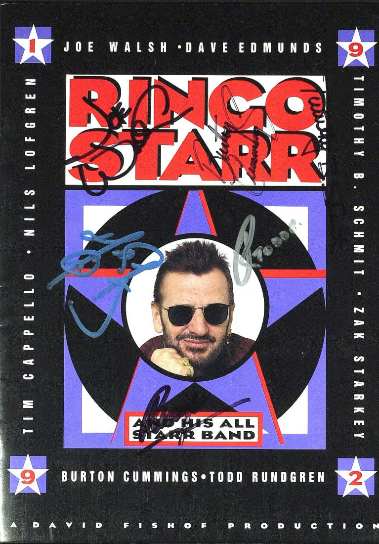 Beatle RINGO STARR - Program Signed: Ringo Starr. 9 ½" x 13" twenty-four page program from a performance of Ringo Starr and His All Star Band, signed on the cover as "Ringo" also signed by band members: Joe Walsh, Timothy B. Schmit, Bur