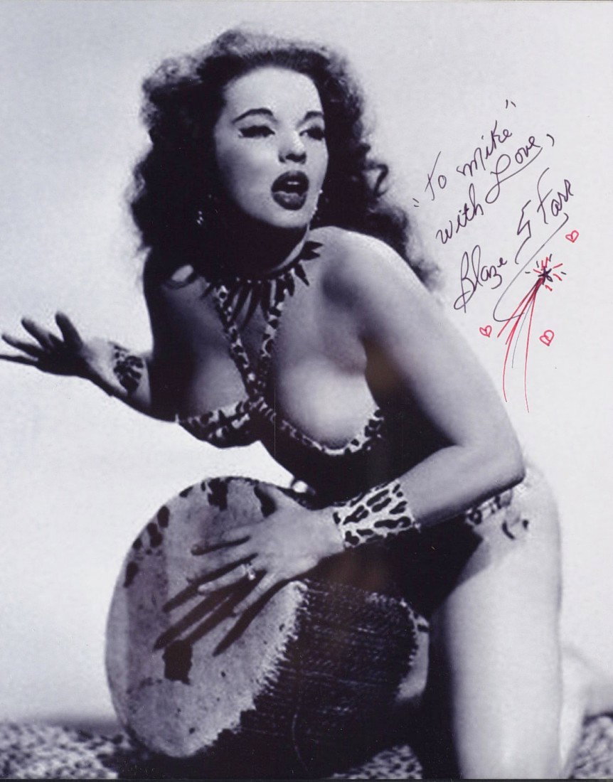 Stripper BLAZE STARR - Two Topless Photos Signed: Blaze Starr (1932- ) Stripper. Starr was a stripper and burlesque star. Her vivacious presence and inventive use of stage props earned her the nickname "The Hottest Blaze in Burlesque". She was also k