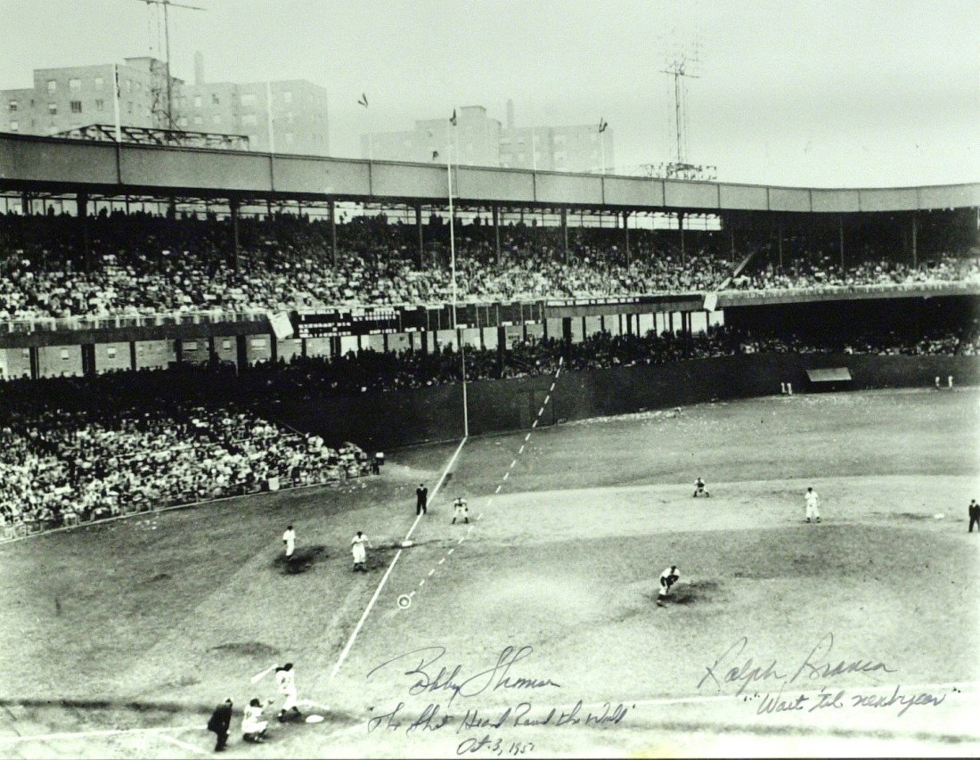 BOBBY THOMPSON & RALPH BRANCA - Photo Signed: The Shot Heard Round the World. Bobby Thomson (1923-2010) and Ralph Branca (1926- ) Thomson became a celebrity for hitting a game-winning home run in a playoff game, off Brooklyn Dodgers pitcher Ralph