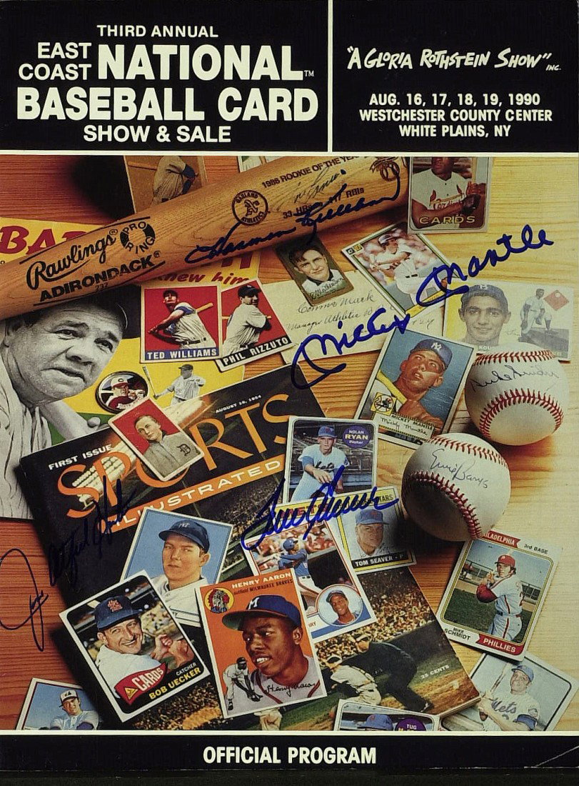 1990 Card Show Signed - MANTLE, CATFISH etal: Third Annual East Coast National Baseball Card Show & Sale – August 1990. A thirty-four page program from this event signed on the cover by: Mickey Mantle, Catfish Hunter, Harmon Killebrew and Tom S