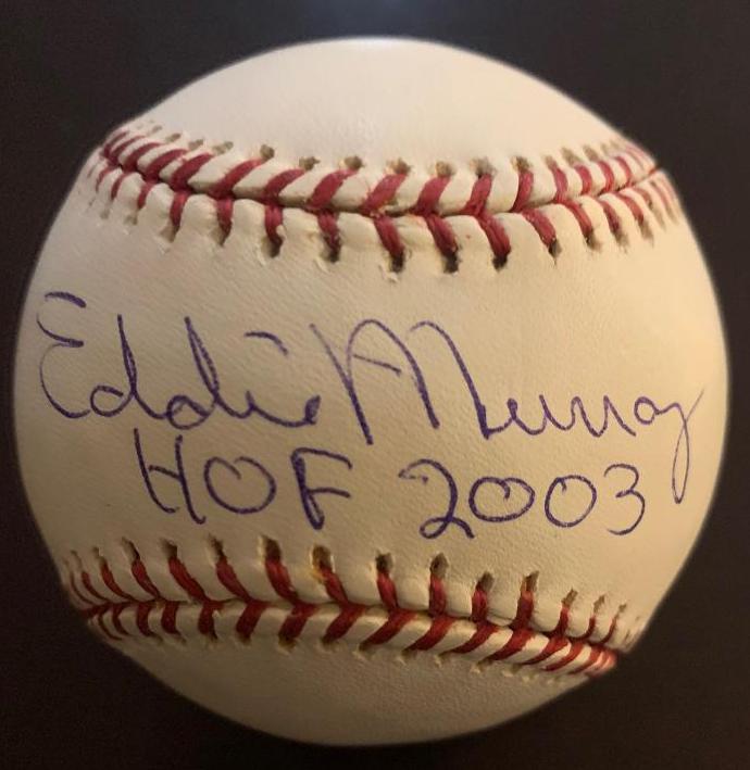 Murray,Eddie Signed Baseball: Eddie Murray (1956) is a member of the 3000 hit and 500 Home Run clubs. He was voted into the Baseball Hall of Fame in 2003. Signed ML (Selig) ball in very good condition. COA from Steiner along with
