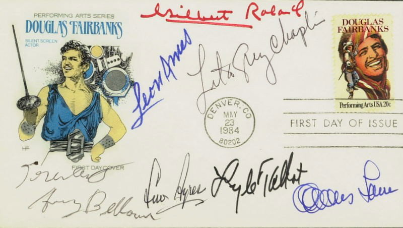 1st Day Postal Cover Signed by SEVEN - Incl AYRES: Actors. First day of issue postal cover with the Douglas Fairbanks commemorative and cachet signed by seven actors, signers are: Leon Ames (1902-1993), Lew Ayres (1908-1996), Gilbert Roland (1905-1994