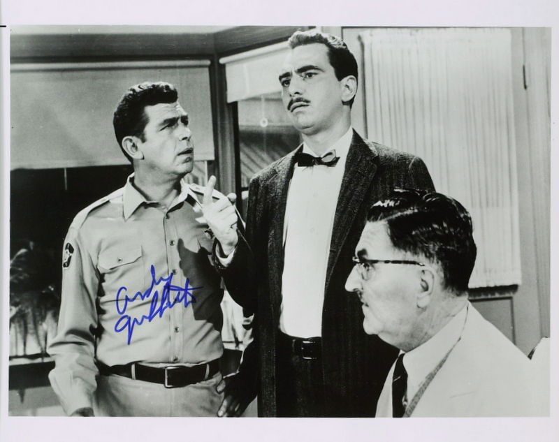 Mayberry Comic ANDY GRIFFITH - Photo Signed: Andy Griffith (1926- ) Actor, comedian. Griffith capitalized on a toothy grin and southern charm to make television history with two successful series: The Andy Griffith Show and Matlock. Griffith got