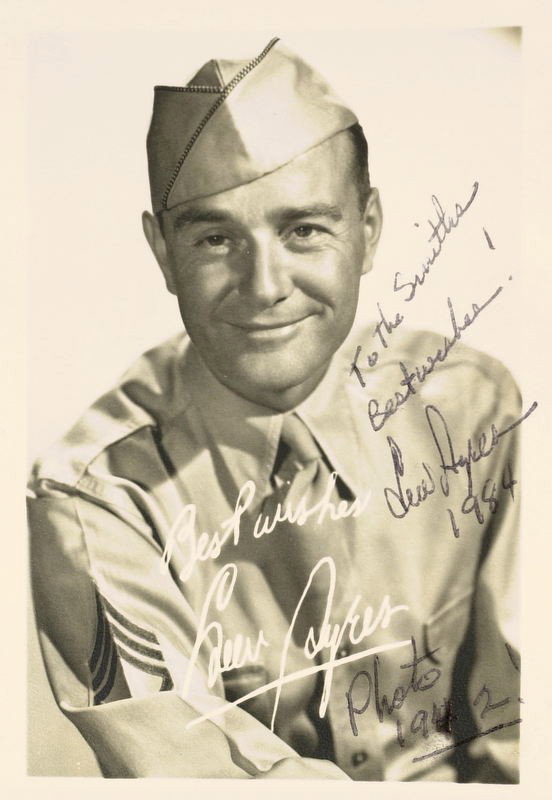 Actors in Uniform - Photos Signed STEWART, AYRES: Proudly They Served. Three 3 ½” x 5” matte finish black and white photographs of actors in uniform, signed. Lew Ayres “To the Smiths Best wishes! Lew Ayres 1984,” Jimmy Stewart and Robert Ste