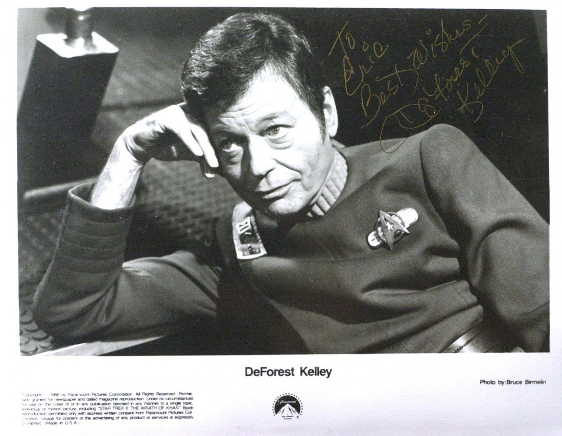 Star Trek: DeFOREST KELLEY - Photo Signed: Star Trek. DeForest Kelley (1920-1999) Actor. Kelley played Dr. Leonard "Bones" McCoy from 1966 to 1969 in Roddenberry's Star Trek, went on to reprise McCoy's character in a voice-over role in Star Tr