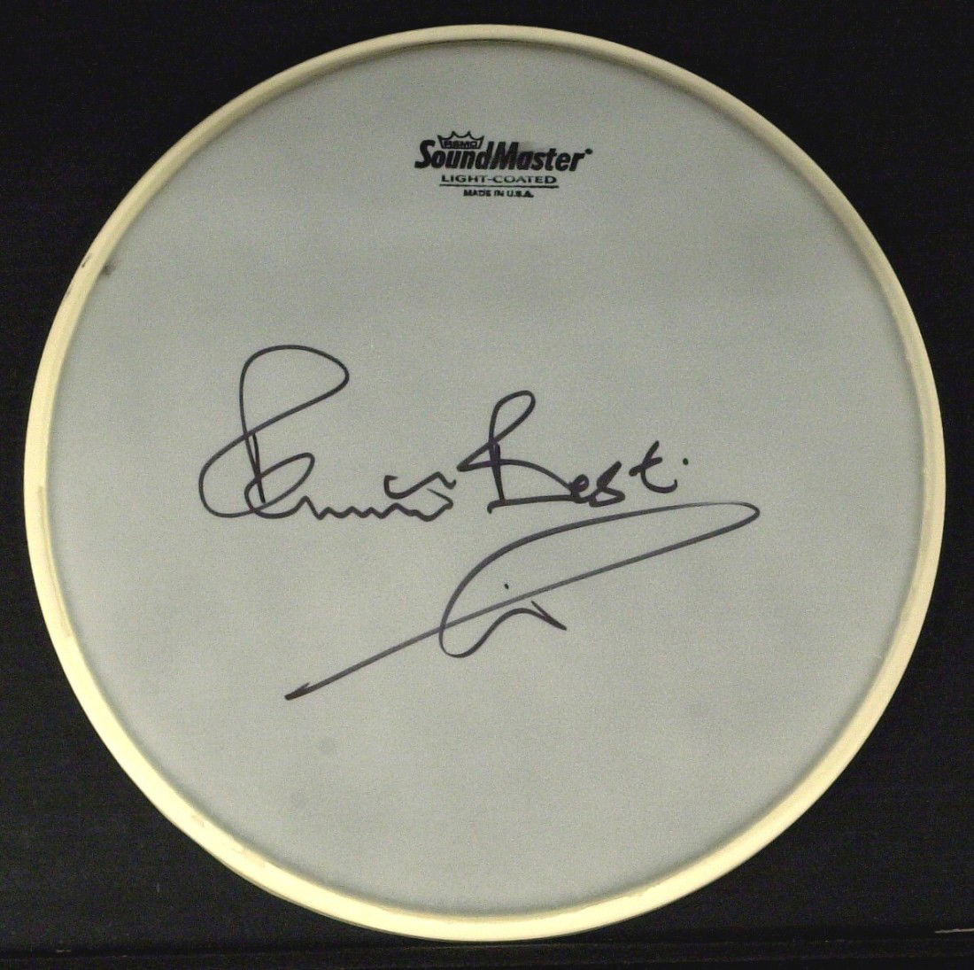Original Beatle PETE BEST - Drum Head Signed: Pete Best (1941- ) Musician. Best was the original drummer for The Beatles. He was replaced by Ringo Starr, just weeks before the group would record their first single. “SoundMaster” drum head sig