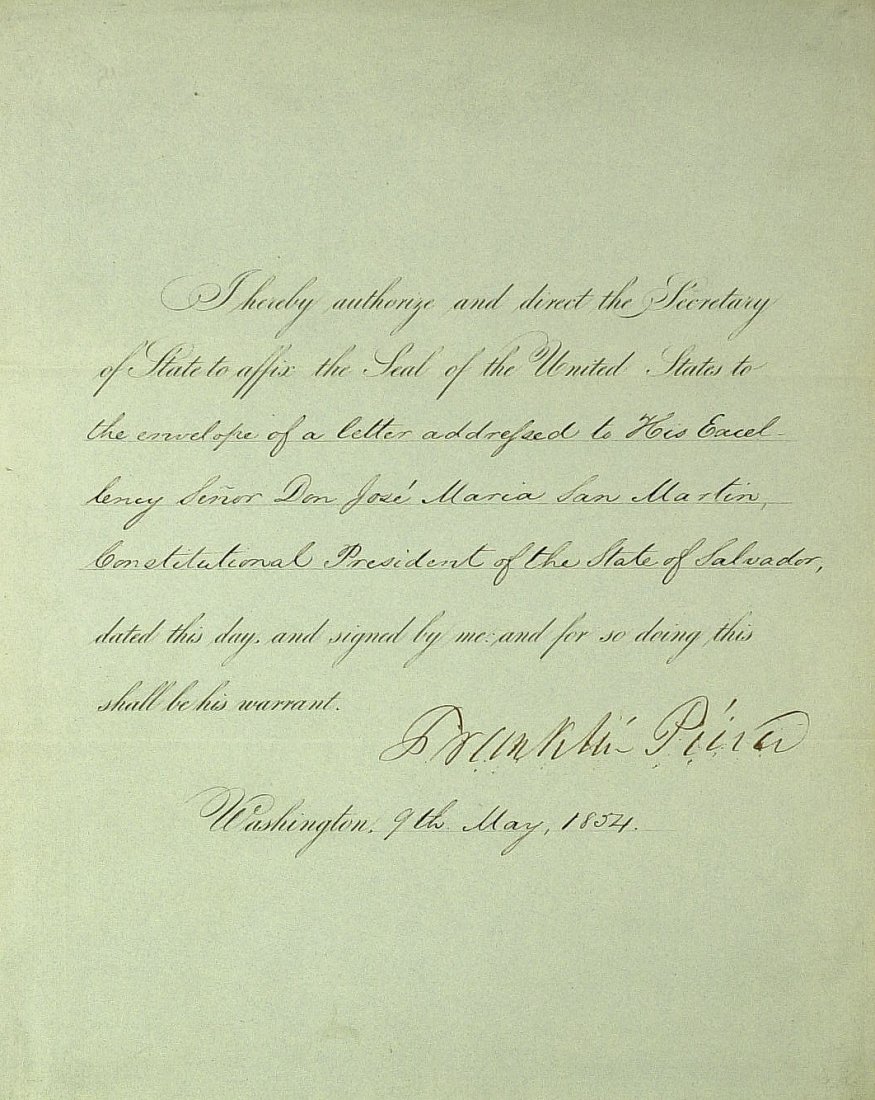President FRANKLIN PIERCE - Doc Signed as Pres: Franklin Pierce (1804-1869) 14th President. 8” x 10” partially printed document signed, Washington, May 9, 1854. The document directs the Secretary of State to “…affix the seal of the United S