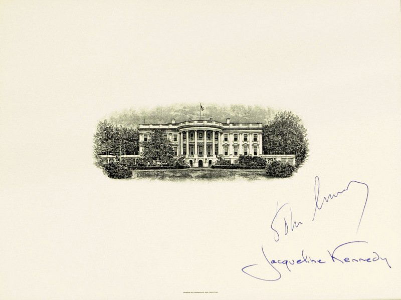 JOHN F and JACQUELINE KENNEDY-Engraving Signed: John F. Kennedy (1917-1963) 35th President and Jacqueline Kennedy (1929-1994) First Lady. 8” x 6” Bureau of Engraving and Printing engraving of the White House, signed by both.