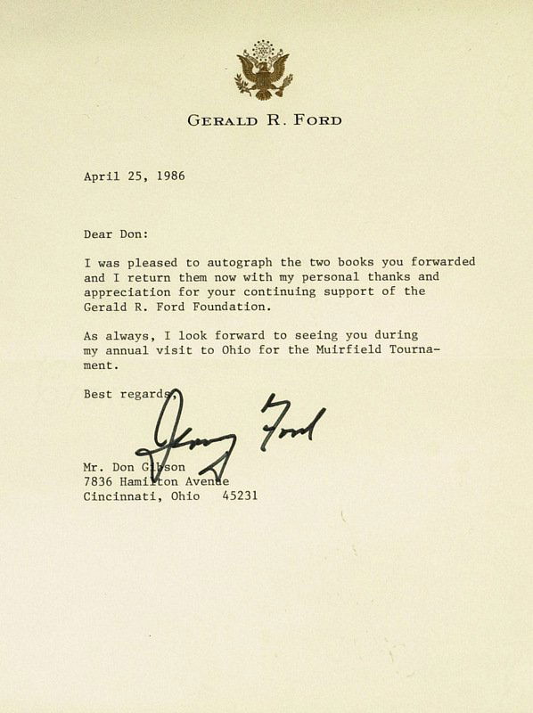 President GERALD FORD - Typed Ltr Signed: Gerald R. Ford. 6 ½” x 8 ½” typed letter signed, “Jerry Ford,” personal stationery, April 25, 1986, to Don Gibson. “…I was pleased to autograph the two books…with my personal thanks an