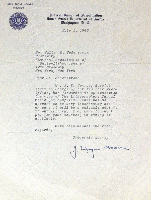 FBI Director J EDGAR HOOVER - Typed Ltr Signed: J. Edgar Hoover (1895-1972) Director of the Federal Bureau of Investigation. Hoover was Director of the FBI from 1924 to 1972, an administration that lasted from President Coolidge to President Nixon.