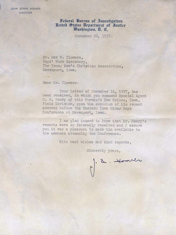 FBI Director J EDGAR HOOVER - Typed Ltr Signed: J. Edgar Hoover (1895-1972) Director of the Federal Bureau of Investigation. Hoover was Director of the FBI from 1924 to 1972, an administration that lasted from President Coolidge to President Nixon.