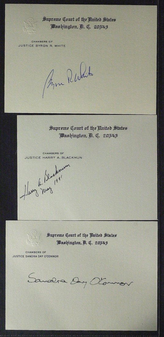 SC Justices - Three Cards Signed BLACKMON, WHITE: Supreme Court Justices. Three 5” x 3 ½” Supreme Court of the United States cards signed by Justices: Harry A. Blackmun (1908-1999) he adds the date, “May 1991,” Sandra Day O’Connor (1930- )